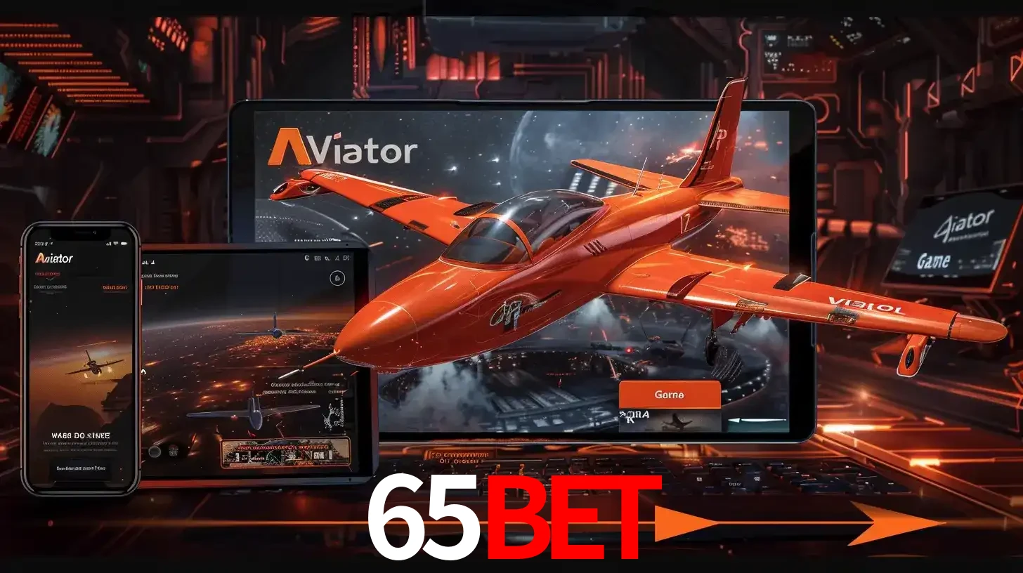 Apresentação tecnológica do jogo Aviator com um avião saindo da tela de um tablet, demonstrando a experiência imersiva em múltiplos dispositivos no 65bet.