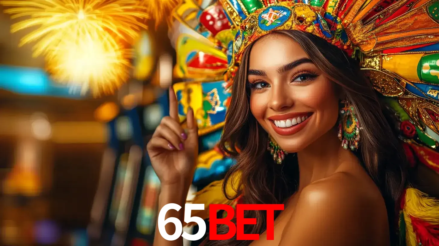 Mulher sorridente com um cocar de carnaval vibrante e colorido, celebrando uma grande vitória nos jogos do cassino 65bet com fogos de artifício ao fundo.