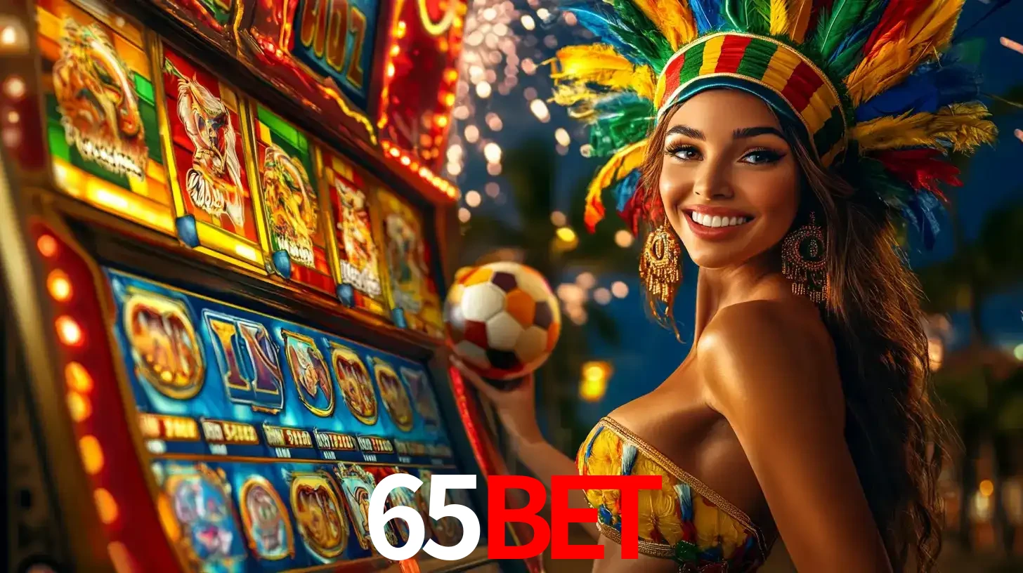 Mulher com um cocar de carnaval ao lado de uma máquina de caça-níqueis enquanto segura uma bola de futebol, mostrando a união da diversão de cassino e esportes no 65bet.