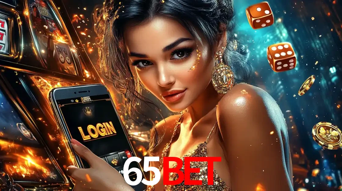 Mulher glamourosa segurando um celular com a tela de login do cassino 65bet, rodeada por dados e moedas douradas, pronta para começar a diversão.