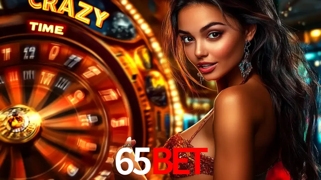 Mulher ao lado da roda de prêmios do jogo de cassino ao vivo Crazy Time, um dos shows de jogos mais emocionantes oferecidos pela plataforma de apostas 65bet.