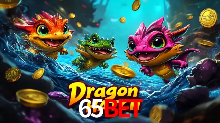 Arte promocional do jogo Dragon Hatch com três adoráveis dragões bebês nadando entre moedas de ouro, um dos slots mais divertidos para jogar no cassino 65bet.