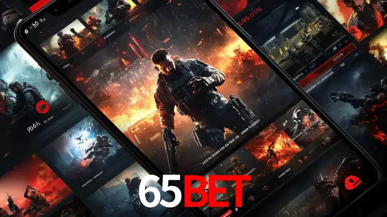 Tela de um celular exibindo uma galeria de jogos de tiro com temática militar, mostrando a variedade de e-sports disponíveis para apostas na plataforma de entretenimento 65bet.