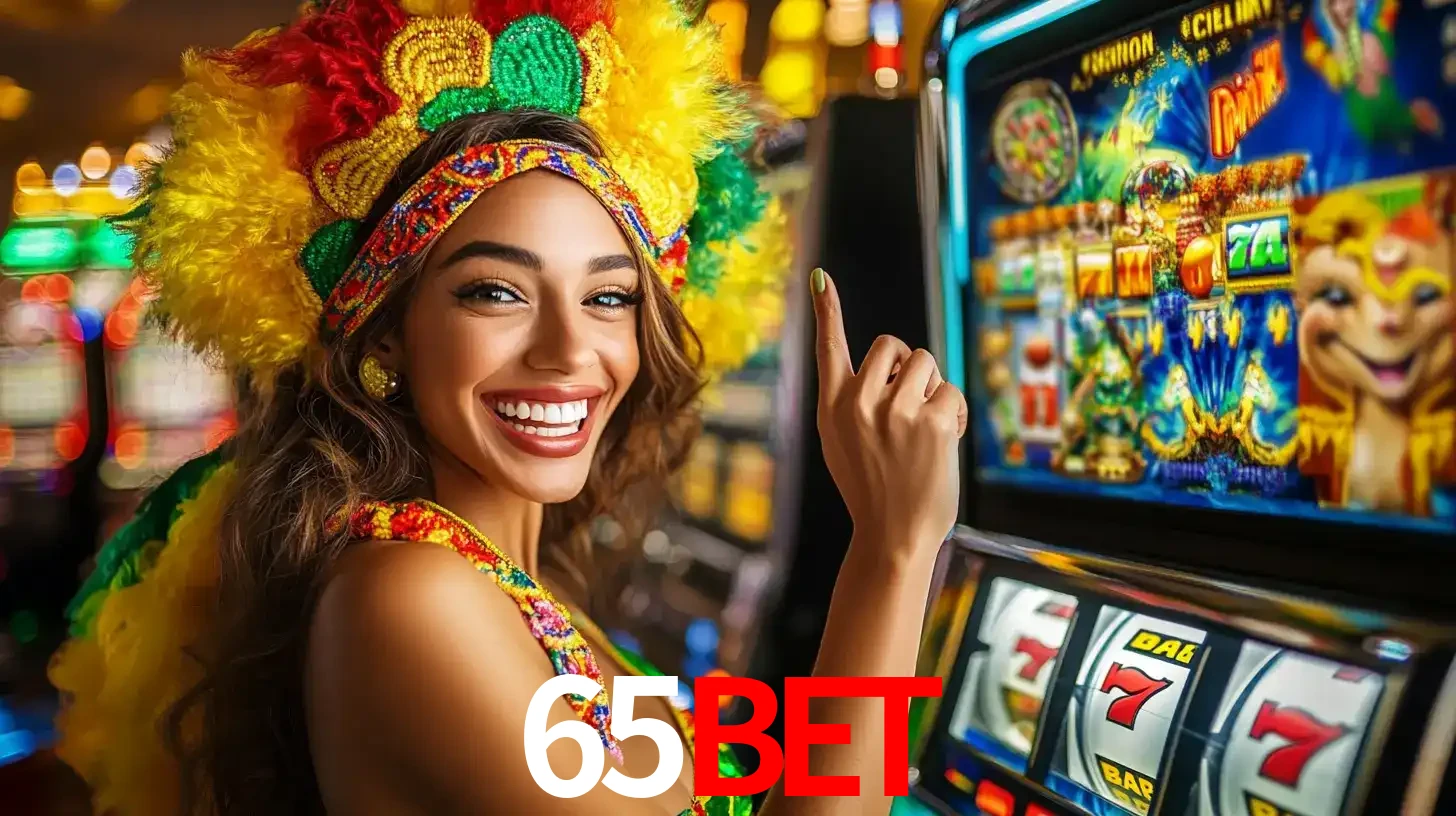 Mulher animada com um cocar de carnaval apontando para uma máquina de caça-níqueis, mostrando a emoção de ganhar um grande prêmio nos jogos do 65bet.