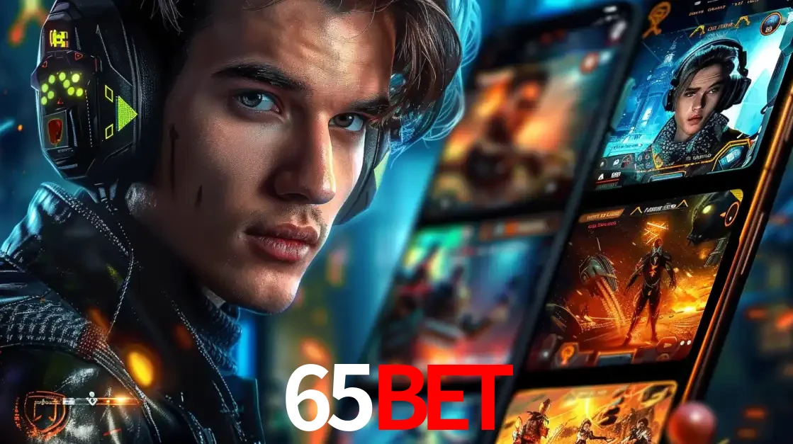Jovem jogador com fones de ouvido olhando para a câmera, com um aplicativo de jogos e e-sports para celular ao fundo, pronto para a competição e apostas no 65bet.