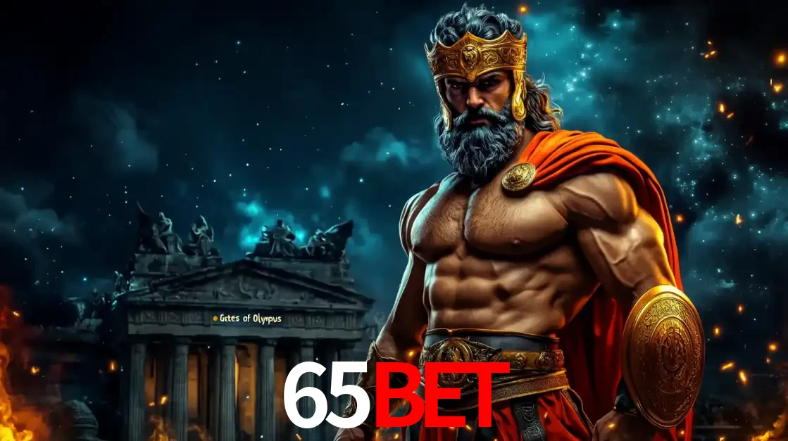 O poderoso Zeus do jogo de slot Gates of Olympus em frente ao seu templo, pronto para lançar multiplicadores divinos e prêmios épicos no cassino online 65bet.