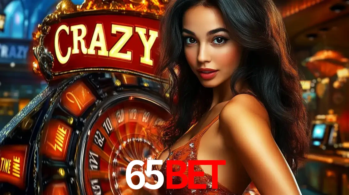 Mulher glamourosa olhando para a câmera com a roda vermelha do Crazy Time ao fundo em um ambiente de cassino, destacando a emoção dos jogos ao vivo no 65bet.