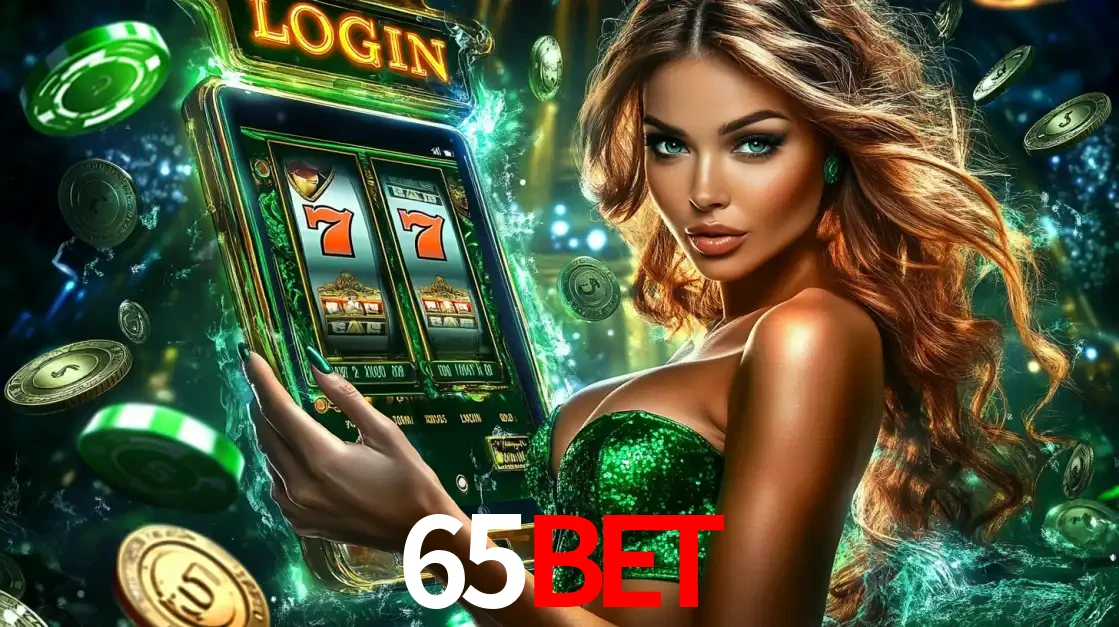 Mulher com tema verde apresentando o aplicativo do cassino 65bet com um jogo de slot de 777, cercada por fichas de cassino e uma aura de sorte.