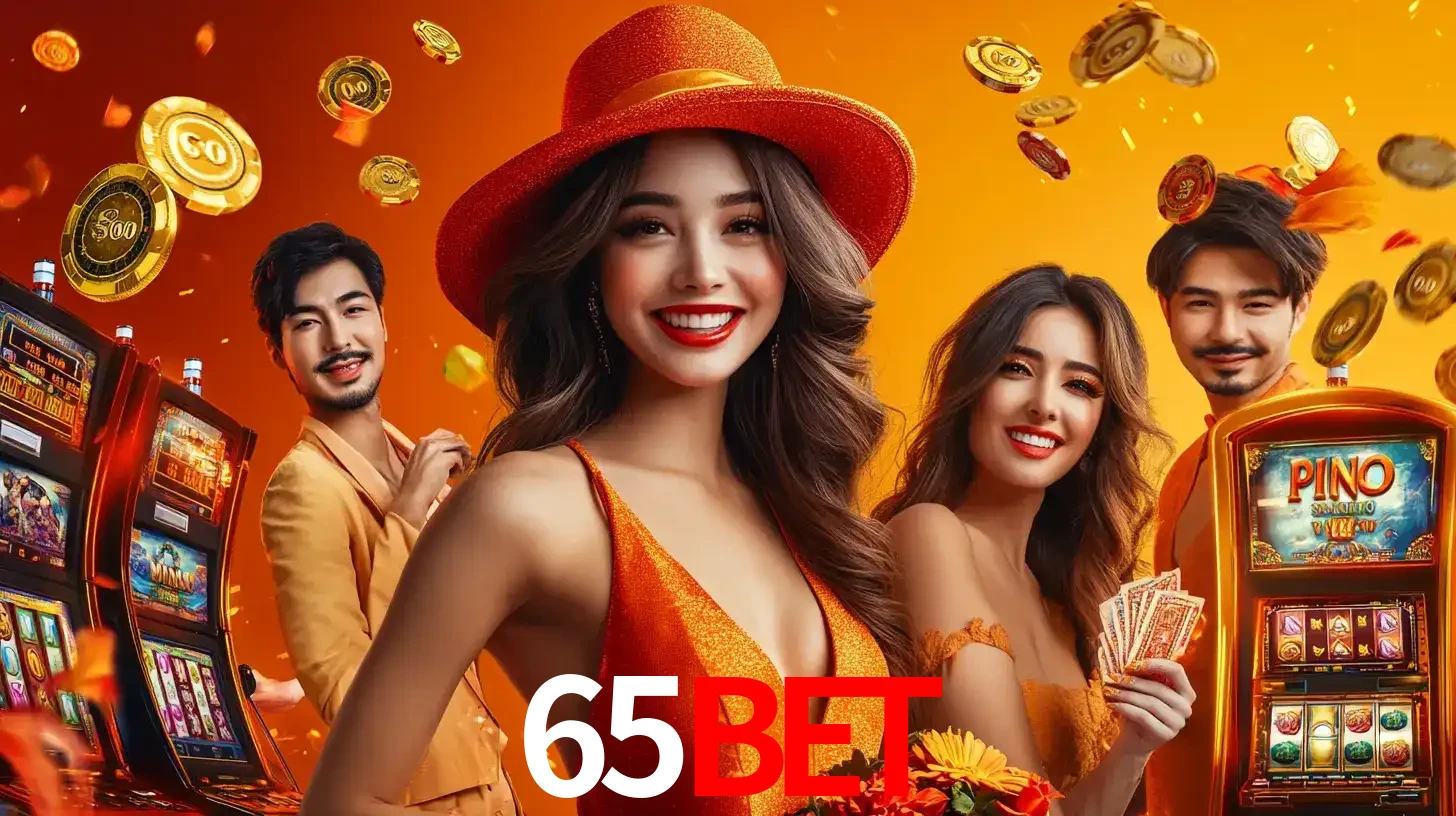 Grupo de amigos asiáticos sorrindo e se divertindo com máquinas de caça-níqueis em um ambiente festivo, celebrando suas vitórias nos jogos de cassino do 65bet.
