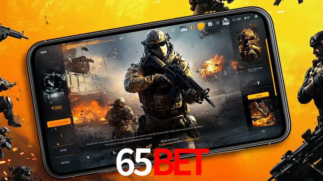Um smartphone exibindo a interface de um jogo de tiro em primeira pessoa, com um soldado em um cenário de batalha, representando a ação dos e-sports para apostar no 65bet.