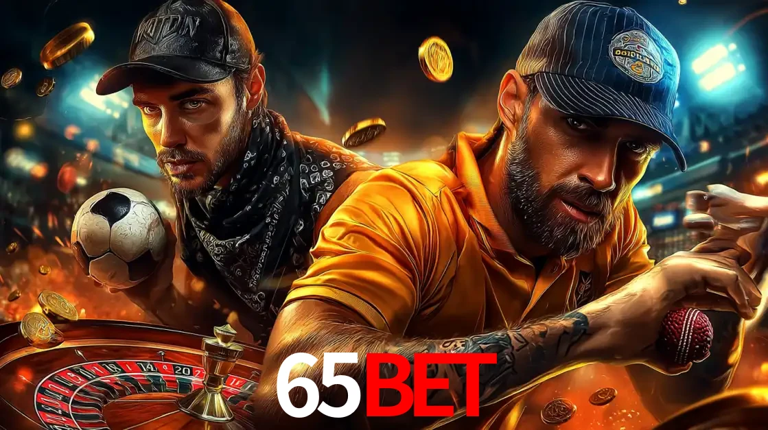 Montagem de apostas esportivas e cassino no 65bet, com um homem segurando uma bola de futebol e outro uma de beisebol sobre uma roleta e moedas voadoras.