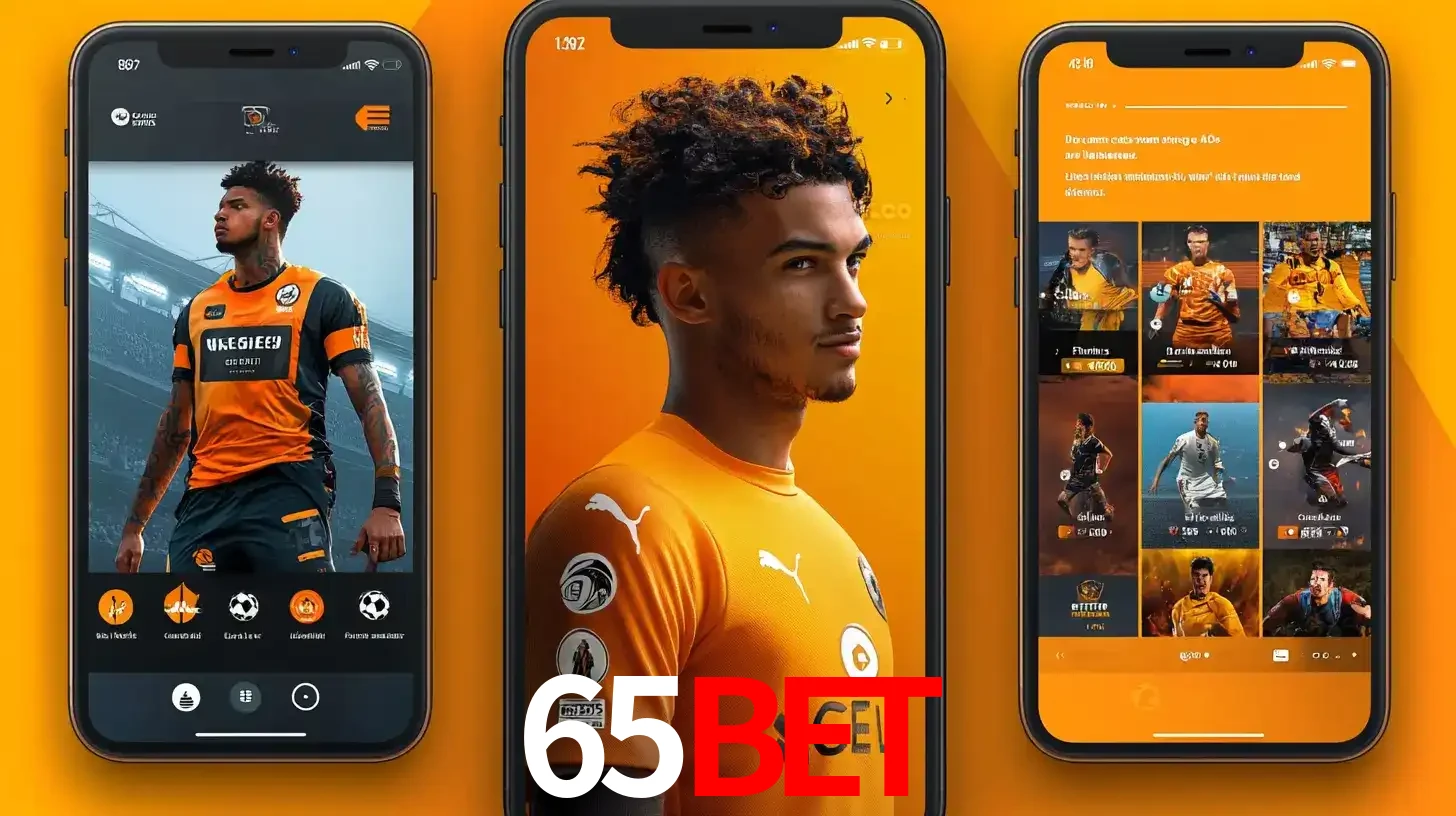 Interface do aplicativo de apostas esportivas 65bet em três telas de celular, mostrando o perfil de um jogador de futebol e a lista de jogos disponíveis para apostar.