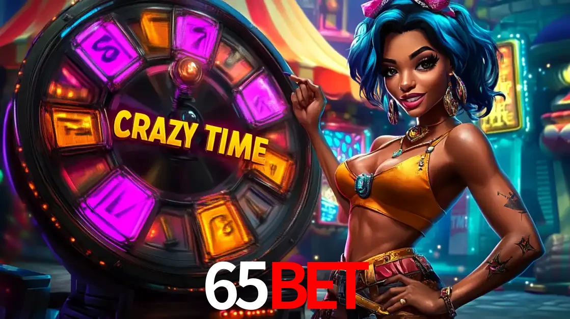 Mulher estilizada com cabelo azul e visual vibrante posando ao lado da roda de prêmios do game show Crazy Time, convidando para a diversão e os bônus do cassino 65bet.