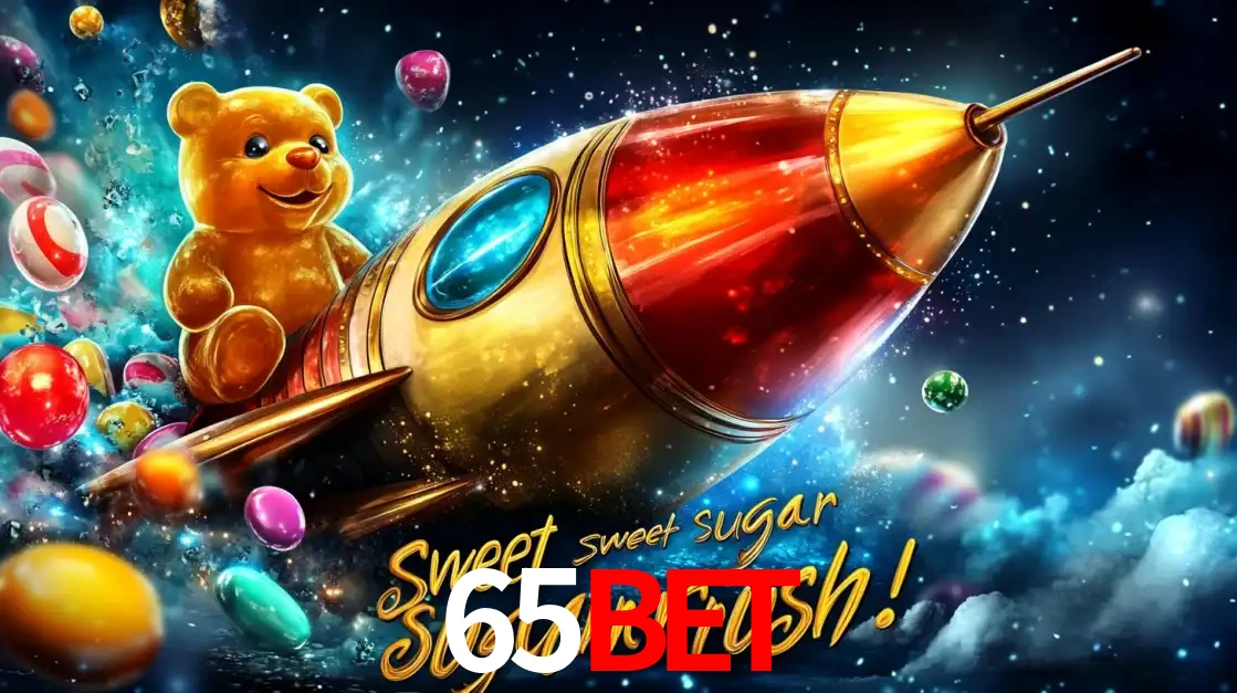 Arte promocional do jogo de slot Sugar Rush, com um urso de pelúcia em um foguete viajando pelo espaço de doces, um dos jogos divertidos disponíveis no cassino 65bet.