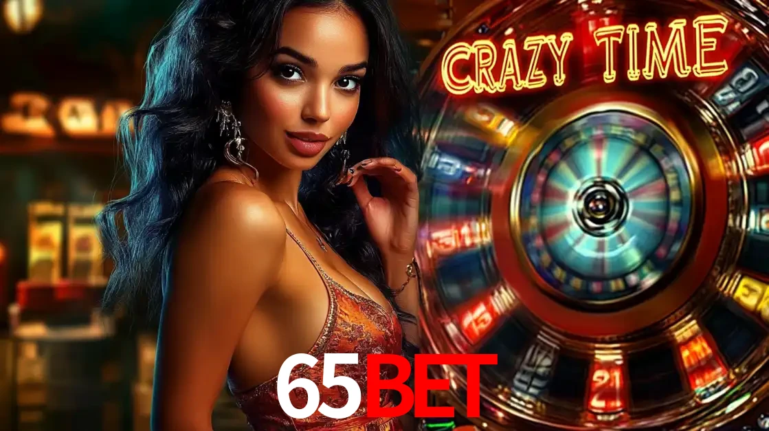 Mulher elegante ao lado da vibrante roda da fortuna do jogo de cassino ao vivo Crazy Time, um dos game shows mais populares e cheios de prêmios do 65bet.