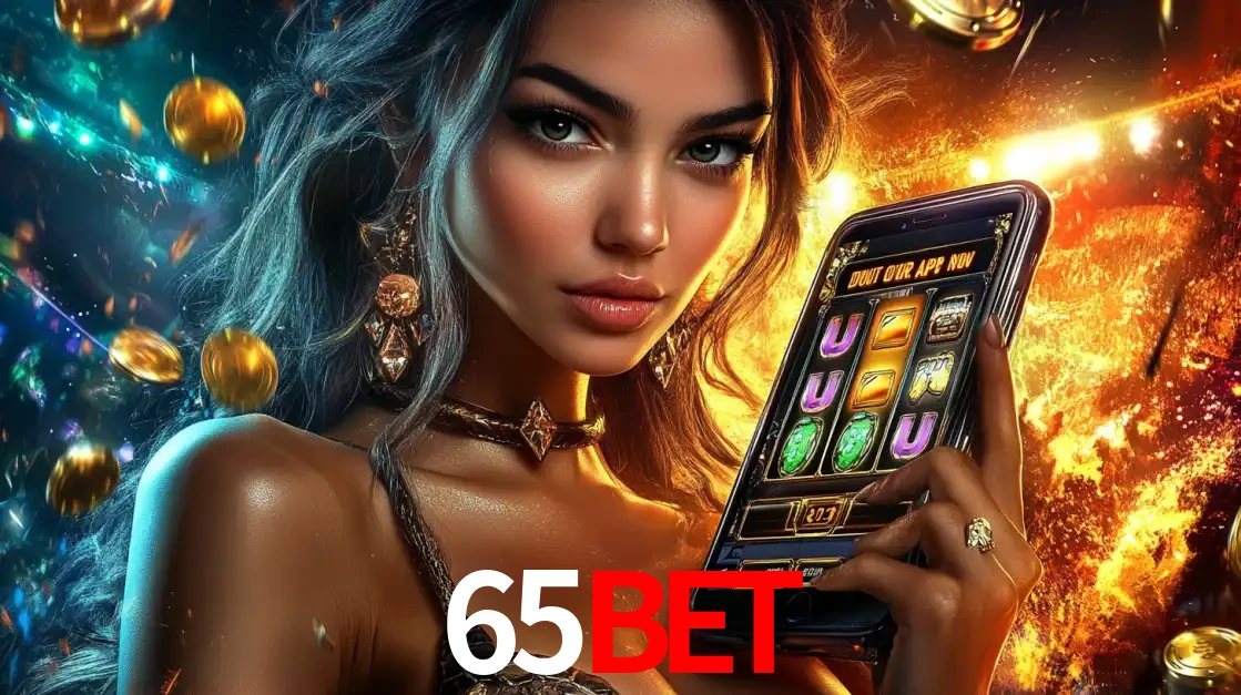 Mulher elegante mostrando um jogo de caça-níqueis em seu smartphone, destacando a experiência de cassino móvel oferecida pelo aplicativo 65bet.