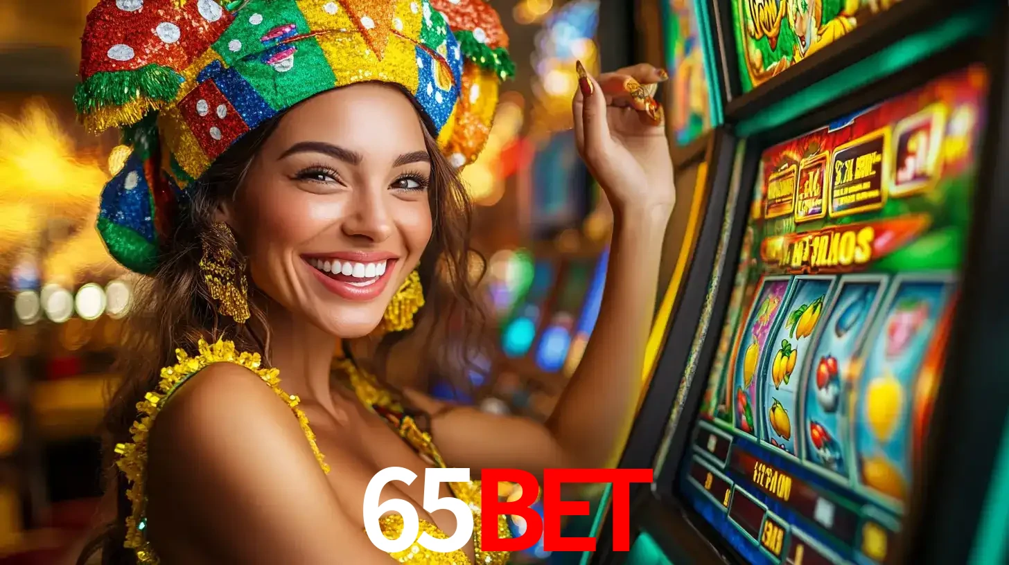 Mulher feliz com traje de carnaval amarelo e colorido ao lado de uma máquina de caça-níqueis, aproveitando a diversão e os jogos temáticos do cassino 65bet.