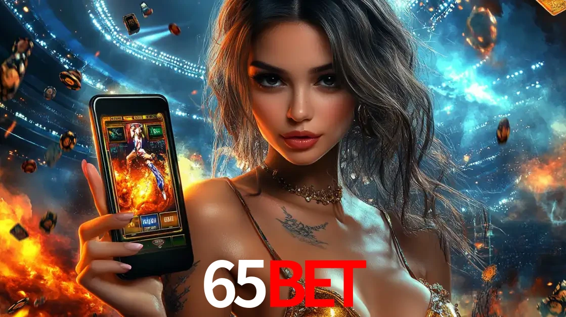 Mulher segurando um celular com um jogo de slot em destaque, tendo como fundo um estádio vibrante, simbolizando a emoção de jogar no cassino móvel 65bet.