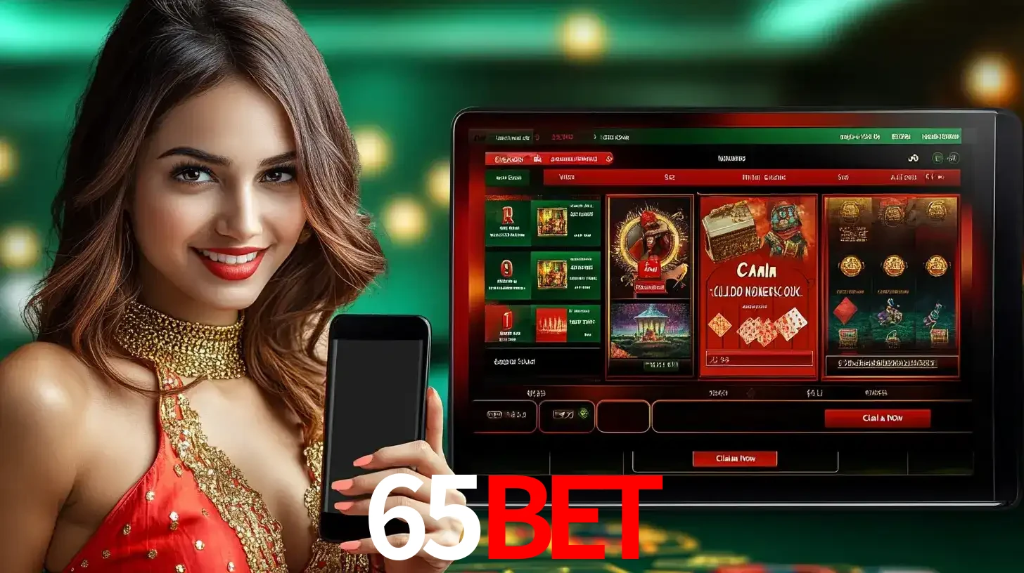 Mulher sorridente segurando um smartphone, ao lado de uma tela exibindo o lobby de jogos do cassino online 65bet, com várias opções de jogos de cartas e slots.